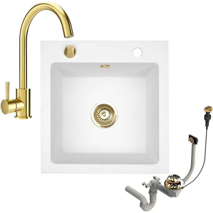 Faizee Möbel Granitspüle 48x50 +Armatur Gold, eckig, weiß - Langlebig, hitzebeständig, reversibel, 80% Quarzanteil – Bild 1