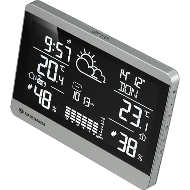 Bresser Funk-Wetterstation ClimateTemp NDH-NEO, Außensensor, Temperatur- und Luftfeuchtigkeitsanzeige, Wettervorhersage, Frostwarnung, Querformat, Silber/schwarz – Bild 5