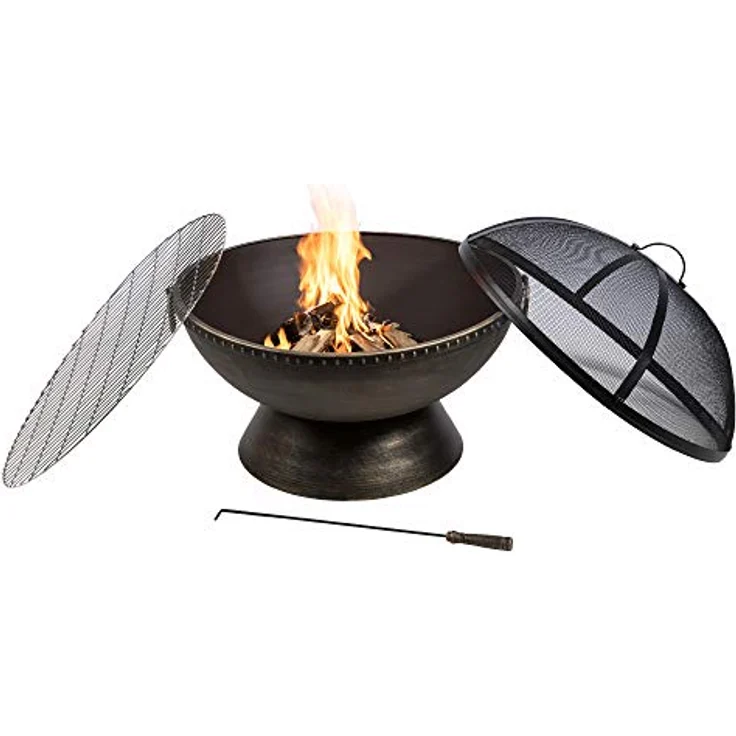 Teamson Home Garten Große Holzbefeuerte Feuerstelle, Gartenmöbel, Kaminofen, Feuerstellenheizung, Metall-Feuerschale, Holzbrenner mit Schürhaken und Deckel, metallisch – Bild 1