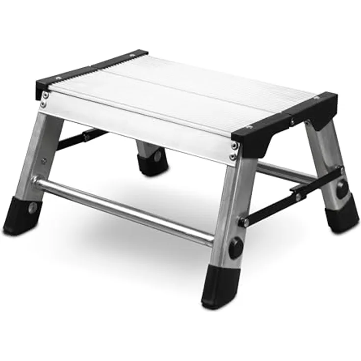 siwitec Alumium-Klapptritt 1 Stufe | Kleine Trittleiter mit rutschfesten Standfüßen | 150 kg Traglast | Geriffelte Stufen | Platzsparend | Klappleiter