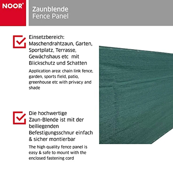 NOOR Zaunblende 1,2 x 5 m mit Befestigungs-Schnur I Zaunblende Sichtschutz, winddurchlässig I Zaunblende, vielfach anwendbar I Tennisblende-Gartenzaun-Blende-Schattier-Netz I Grün – Bild 3