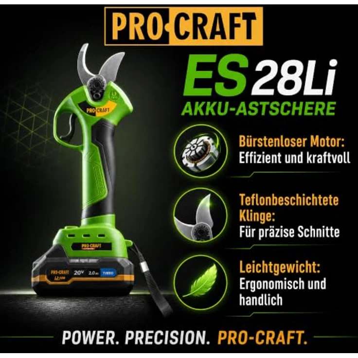 PRO CRAFT ES28Li Akku-Astschere, 20 V Brushless, max. Schnittdurchmesser 25 mm, inkl. 2.0 Ah Akku, Ladegerät und Koffer – Bild 2
