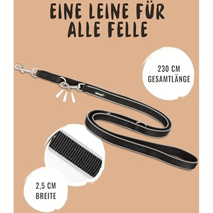 Rudelkönig Führleine Paola, 2,30m verstellbare Hundeleine für große & mittelgroße Hunde, reflektierend in schwarz, reißfest & wetterfest mit 360° Drehgelenk-Metallkarabiner – Bild 3