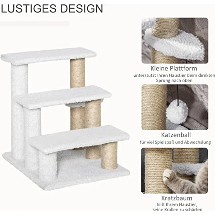 Pawhut Haustiertreppe mit Kratzbaum Ball 3-stufige Katzentreppe Hundetreppe Tiertreppe Spanplatte Plüsch Jute Weiß 45 x 40 x 48 cm – Bild 5