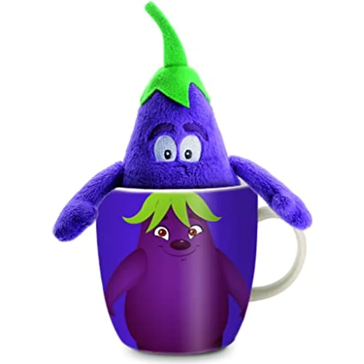 BEMIRO Tierkuscheltier Aubergine in Tasse "Goodness Gang" - ca. 19 cm, Tierspielzeug mit liebevoll gestickten Augen