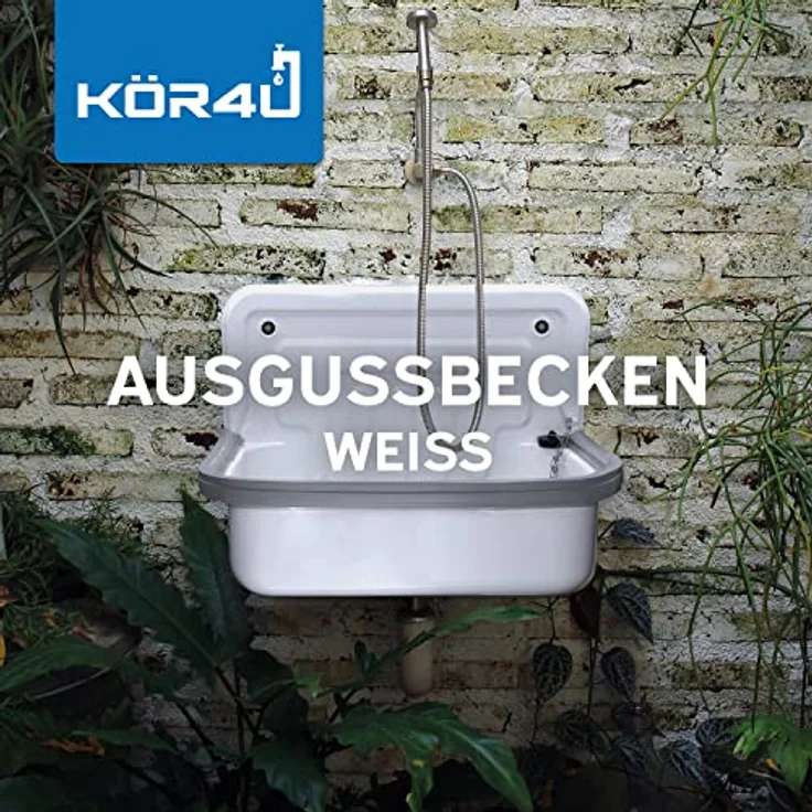 kör4u Ausgussbecken weiß 50cm, aus robustem Stahl für Keller, Waschküche, Garten, Spülbecken, inkl. Abflussstopfen – Bild 2