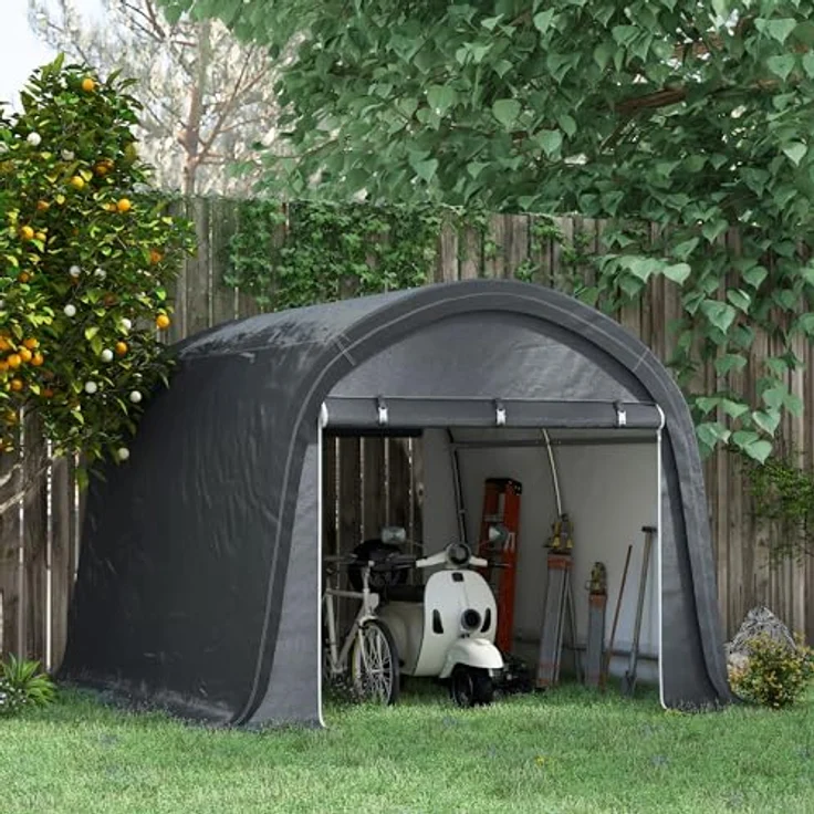 Outsunny Foliengerätehaus, 3 x 3 m Gerätehaus mit UV-Schutz, Wasserabweisend Lagerzelt, Foliengarage mit Zwei Rolltor für Garten, Balkon, Stahl, PE, Grau – Bild 2