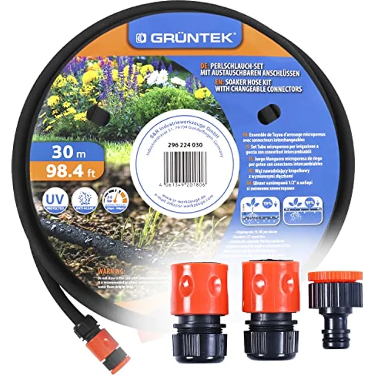 GRÜNTEK Tropfschlauch Set 30 m, Perlschlauch mit 1/2' und 3/4' Konnektoren, UV- und Algen-Schutz, 70% wassersparend, schwarz