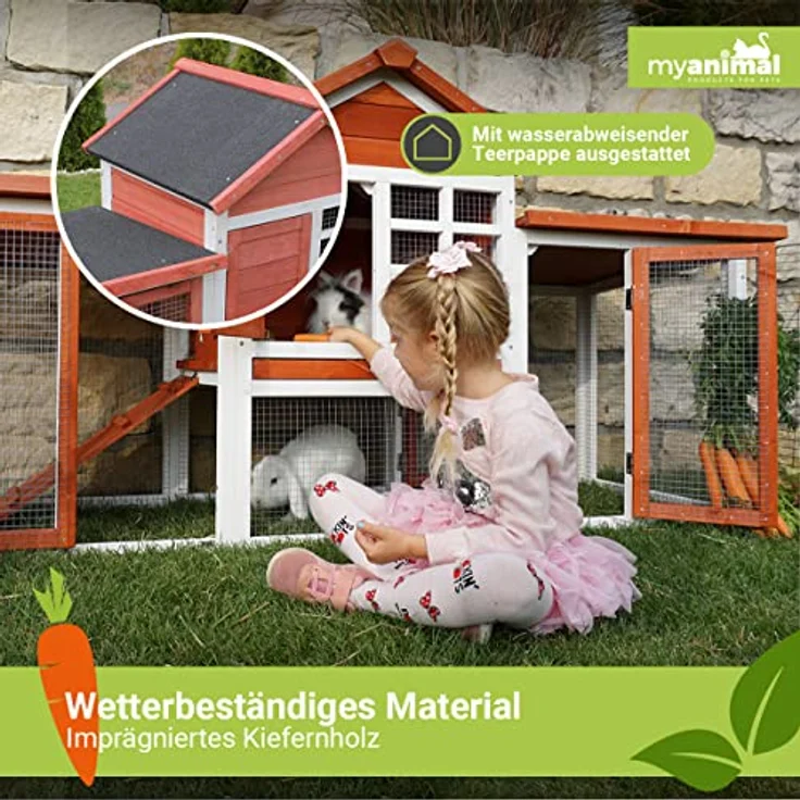 Miweba MyAnimal Hasenstall MH-31 | 188x62x95 cm - Kaninchenstall mit Freilaufgehege - Doppelstockhaus 2 Ebenen - Hasenkäfig - imprägniert - Kaninchenkäfig Winterfest - Indoor und Outdoor (Grau/Weiß) – Bild 4