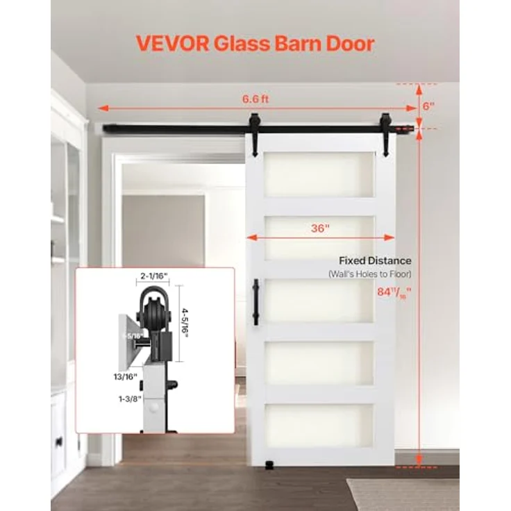 VEVOR Schiebetür im Scheunenstil, 914 x 2134 mm, MDF & Milchglas, wasserfeste PVC-Oberfläche, H-Rahmen für Badezimmer – Bild 2