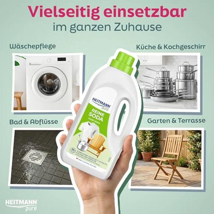 HEITMANN pure Reine Soda Allzweckreiniger, 1 Liter Flüssig, ohne Mikroplastik, 100% Ökostrom, für Haus und Garten – Bild 3