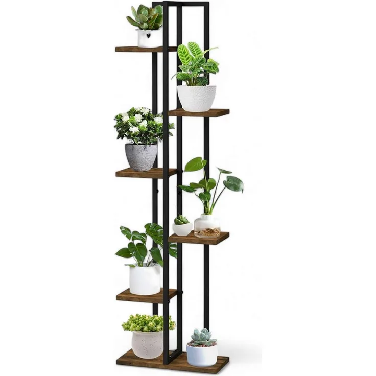 DanDiBo Blumenständer Metall Schwarz 6 Etagen Holz Blumenregal 120 cm Pflanzenregal Design Pflanzenhocker