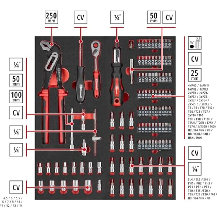 Einhell Werkstattwagen 149-tlg., inkl. 70 Bits, 11 Ringgabelschlüssel und Zangen, kugelgelagerte Schubladen, abschließbar, mobil – Bild 3