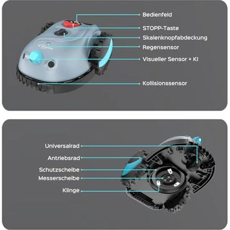 YARDCARE V100 Mähroboter, kabellos mit Vision-Navigation, 150 Hinderniserkennung, 4,0 Ah Akku, Schwebende Messerscheibe, inklusive Ersatzklingen – Bild 8