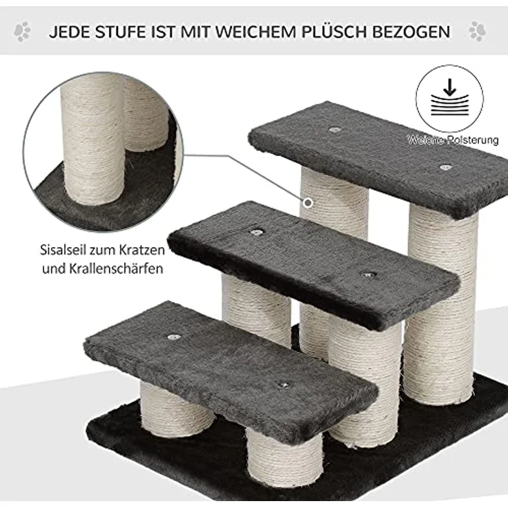 PawHut Tiertreppe Katzentreppe 3 Stufen Hundetreppe Treppe für Katze und Hunde Plüsch Dunkelgrau 45 x 35 x 34 cm – Bild 5
