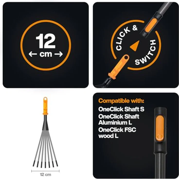 Fiskars OneClick Klein-Fächerbesen, Schmaler Rechen-Aufsatz mit mühelosem OneClick-Wechsel, pflanzenschonend, Breite: 12 cm, Schwarz/Orange, 1080682 – Bild 2