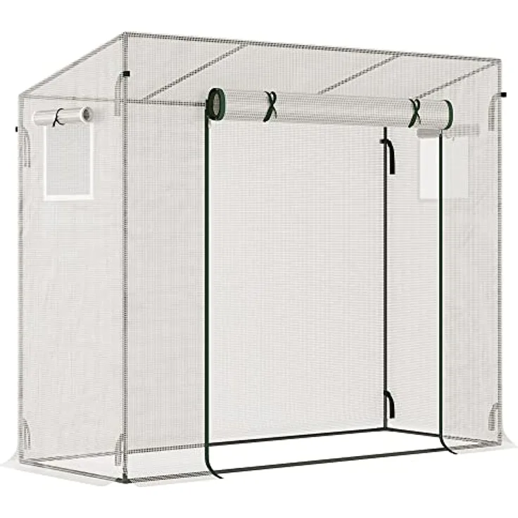 Outsunny Gewächshaus, Foliengewächshaus, Treibhaus mit Rolltür, Tomatenhaus mit Seitenfenster, Winddichtes Pflanzenhaus für Garten, aus Stahl, PE, Weiß, 200 x 68 x 196 cm