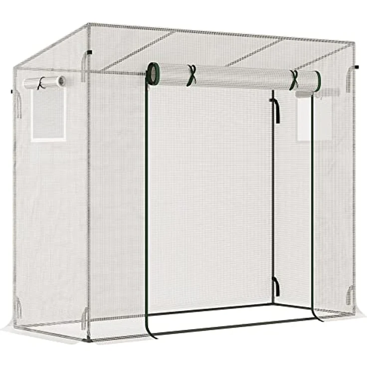 Outsunny Gewächshaus, Foliengewächshaus, Treibhaus mit Rolltür, Tomatenhaus mit Seitenfenster, Winddichtes Pflanzenhaus für Garten, aus Stahl, PE, Weiß, 200 x 68 x 196 cm – Bild 1