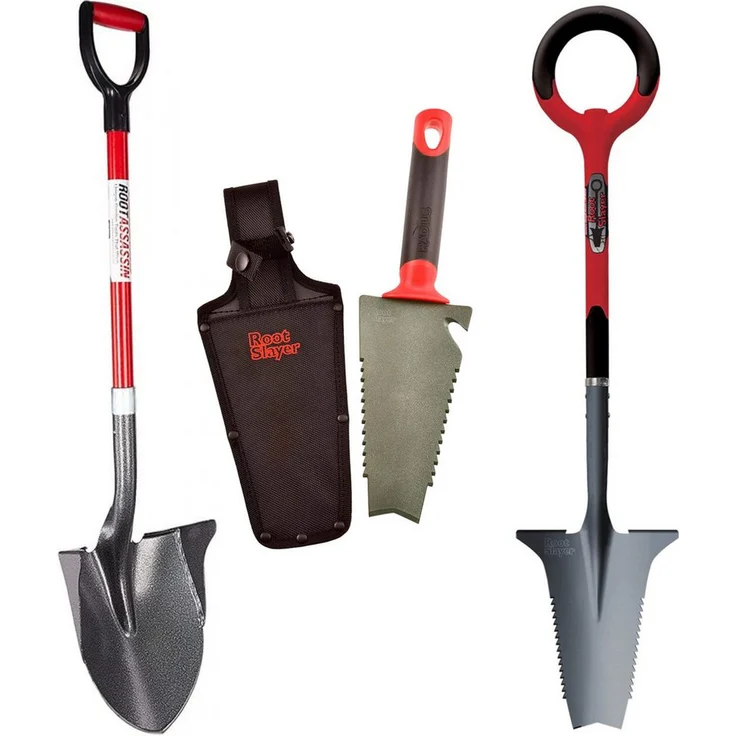 Root Slayer® Spaten Radius Wurzelspaten Set, 3-teilig, mit Blumenkelle und Gartenschaufel, ergonomischer Griff, scharfe Klinge mit Zähnen zum Wurzelschneiden, Kohlenstoffstahl