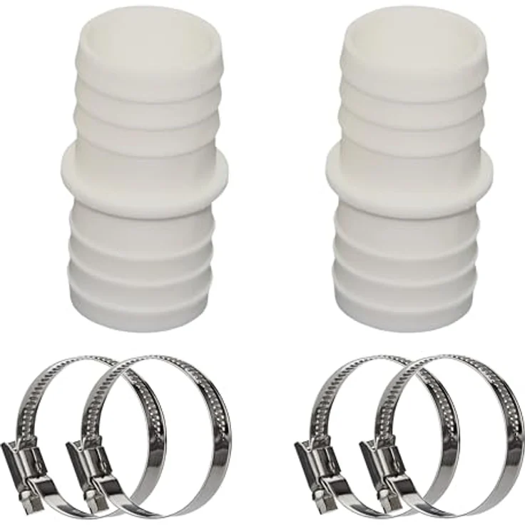 HAF 2x Schlauchverbinder 38mm x 38mm, Schlauchtülle x Schlauchtülle, inklusive 4 Edelstahl-Schellen, weiß, hochtemperaturbeständig und UV-beständig für Pool- und Bewässerungssysteme – Bild 1