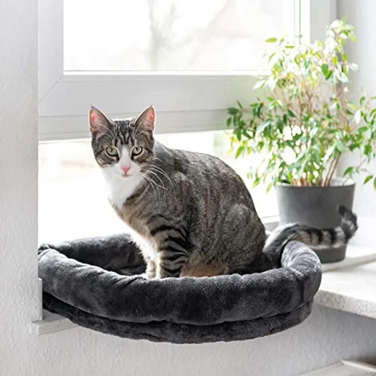 CanadianCat Company | LOVESEAT Katzen Fensterliege - Hängebett für Katzen mit weicher Polsterung für die Fensterbank - einfache Befestigung | anthrazit | 55 x 47 x 7 cm