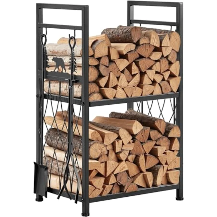 VEVOR Kaminholzregal, 2-stufiger Brennholzhalter mit Kaminbesteck, 181 kg Tragkraft, Schmiedeeisen, 455x330x765 mm – Bild 1