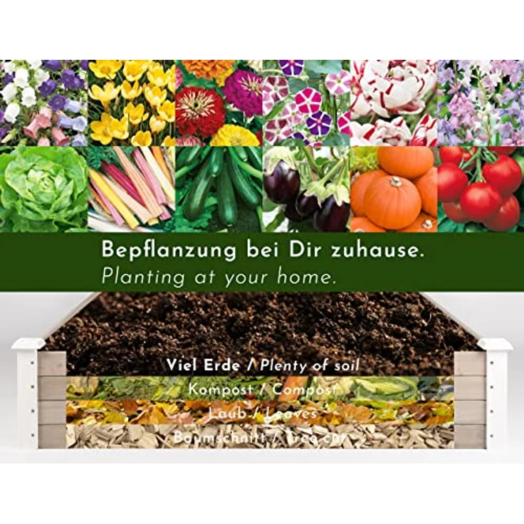 WONDERMAKE® Große Hochbeet-Umrandung aus Holz für Garten Terrasse, Pflanzbeet Bausatz XL quadratisch, Blumenbeet Kräuterbeet Beetumrandung niedrig deko, 120 x 120 x 26,5 cm, weiß grau anthrazit – Bild 5