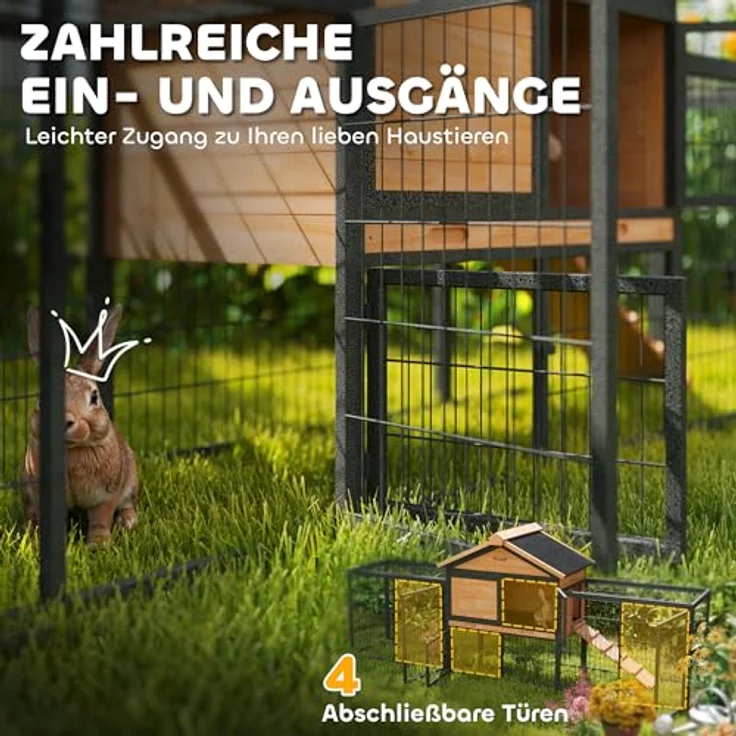 PawHut Hasenstall 2 Ebenen mit Satteldach, Winterfestes Doppelstockhaus aus Vollholz mit Freilaufgehege, 217x53x86 cm, Gelb – Bild 5