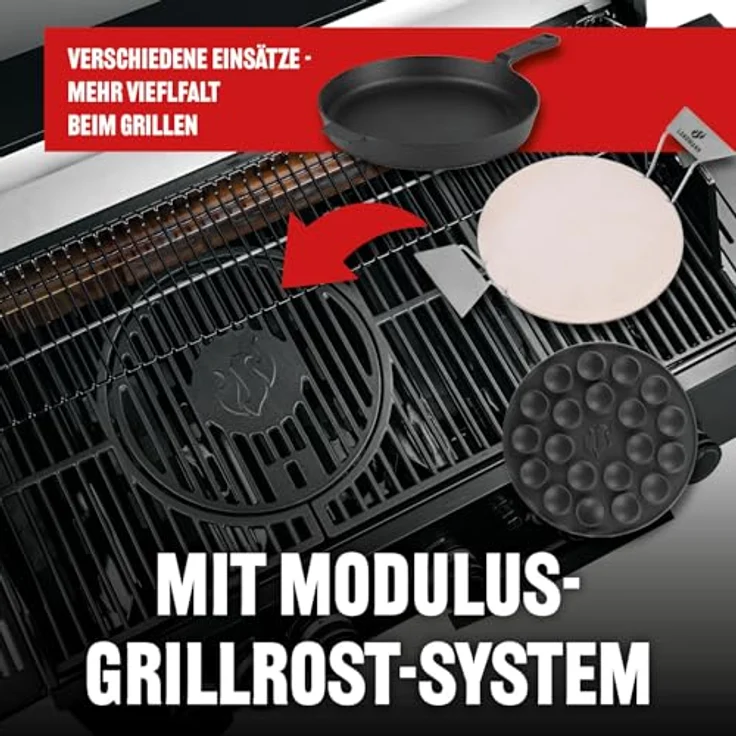 LANDMANN COOL BLACK 5.2 Gasgrill, 5 Brenner, 800 °C maxX-Zone, große Grillfläche, Thermobox & 2 Schubladen, BBQ-Thermometer, Modulus-Gussrost-System für Wok & Pizzastein – Bild 4