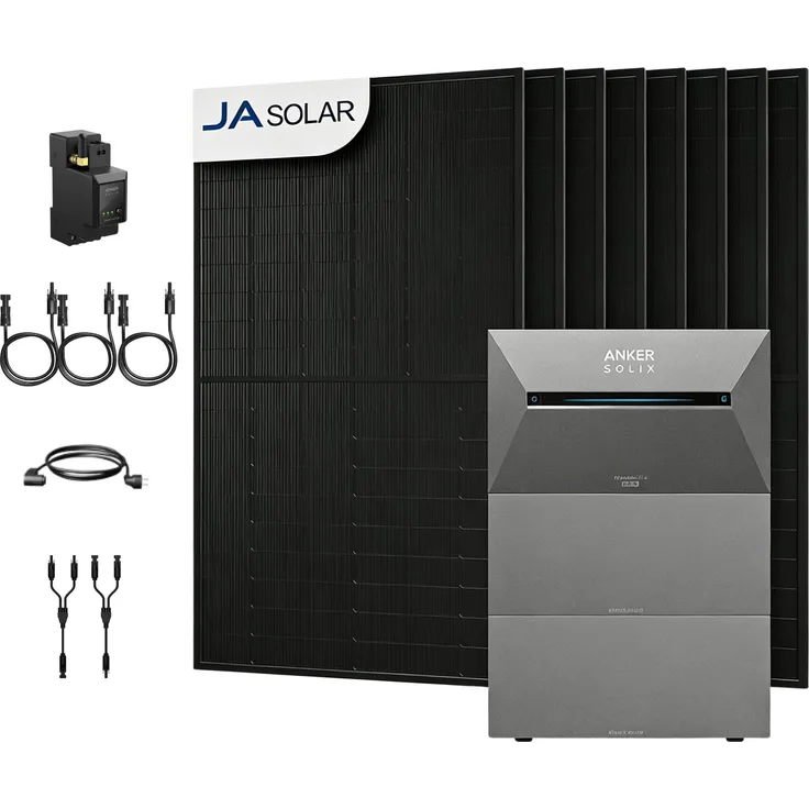 Powerness Balkonkraftwerk mit Speicher, Anker SOLIX Solarbank 3 E2700 Pro, 2x BP2700 Erweiterungsakku, 8x JA Solar 4000W Bifazial PV Panel, Smart Meter, IP65 wasser- und staubgeschützt