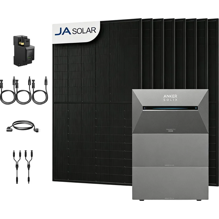 Powerness Balkonkraftwerk mit Speicher, Anker SOLIX Solarbank 3 E2700 Pro, 2x BP2700 Erweiterungsakku, 8x JA Solar 4000W Bifazial PV Panel, Smart Meter, IP65 wasser- und staubgeschützt
