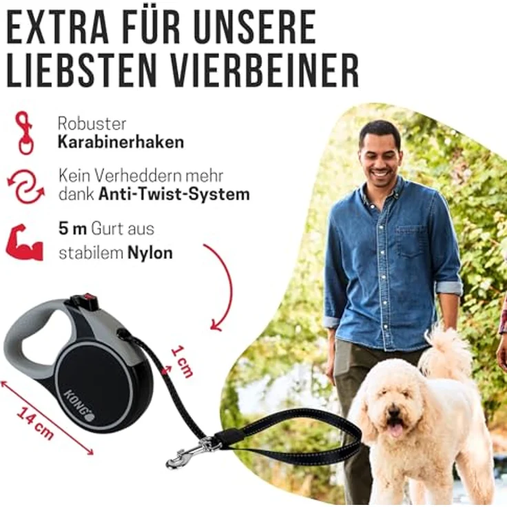 KONG Terrain Hundeleine, einziehbar mit Softgrip-Griff und intuitivem Bremssystem, Schwarz – Bild 3