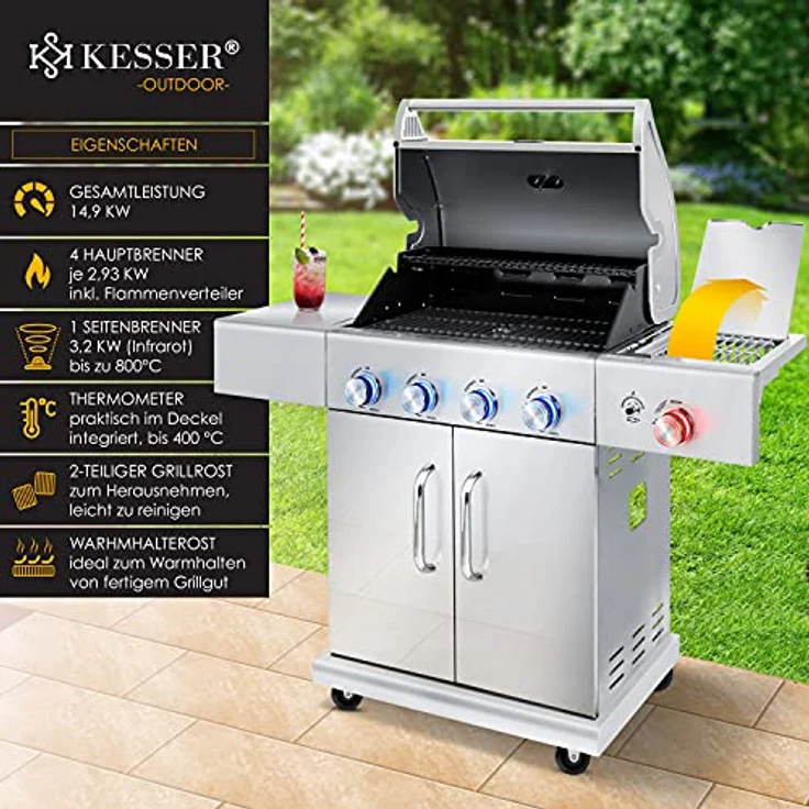 KESSER Gasgrill Master BBQ mit 800°C Infrarot & Grill-Thermometer, LED-Beleuchtung , Keramik 4+1 Brenner aus Edelstahl XXL Grillwagen Grill, Seitenkocher, 5-11 KG Gasflasche Piezozündung Silber - Preisvergleich – Bild 3