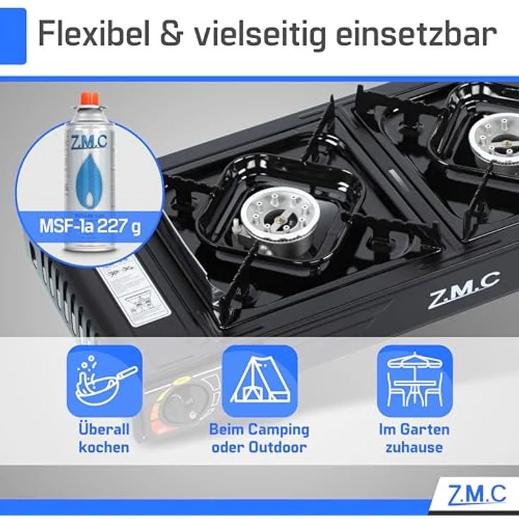 Z.M.C PREMIUM Camping Gaskocher 2-flammig mit Zündsicherung, incl. 8 Gaskartuschen 227g, Piezozündung und Windschutz für Outdoor und Innenraum – Bild 2