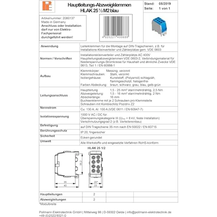 Pollmann Elektrotechnik 2080137 Abzweigklemme flexibel, Polzahl 1, blau – Bild 6