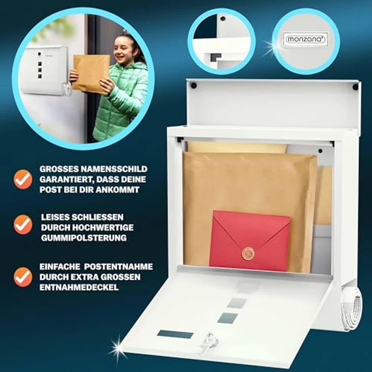 Monzana Design Briefkasten Stahl mit Zeitungsfach Sichtfenster 2 Schlüssel Namensschild Wandbriefkasten weiß – Bild 3