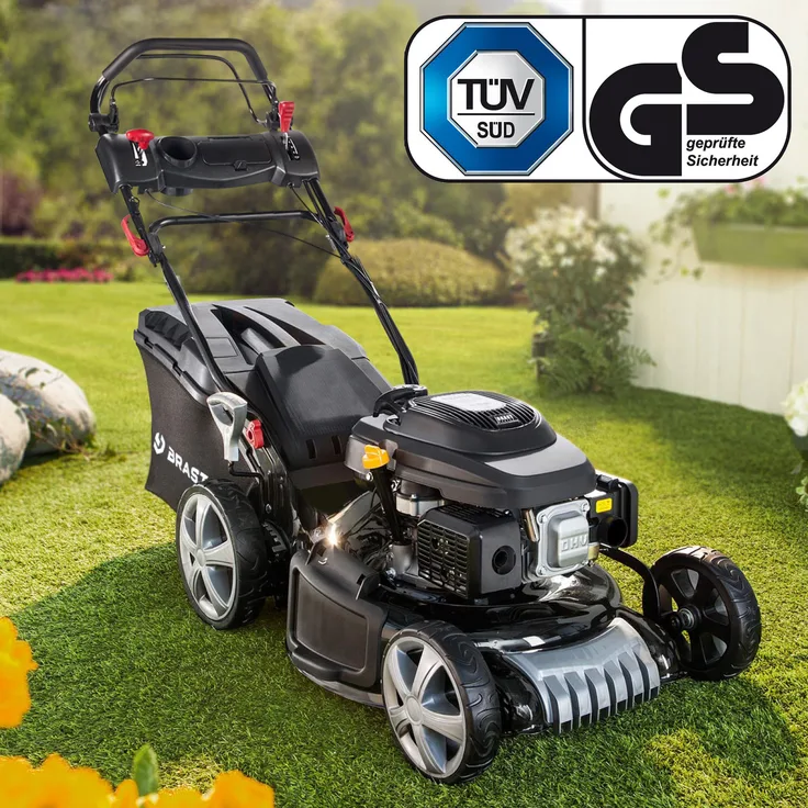 Brast Benzin Rasenmäher 19224 SPEED, 5,2kW(7PS), 48cm Schnittbreite, 4-Takt OHV Motor, 30-80mm Schnitthöhe, 60L Fangkorb, Stahlgehäuse - Rot