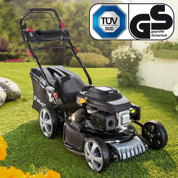 Brast Benzin Rasenmäher 19224 SPEED, 5,2kW(7PS), 48cm Schnittbreite, 4-Takt OHV Motor, 30-80mm Schnitthöhe, 60L Fangkorb, Stahlgehäuse - Rot