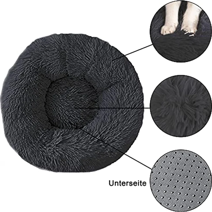 Intirilife flauschiges Plüsch Haustierbett in Dunkel Grau Durchmesser 80 cm - Weiches rundes rutschfestes Hundebett Katzenbett Kissen komfortables Hundesofa Katzensofa für Hunde und Katzen – Bild 4