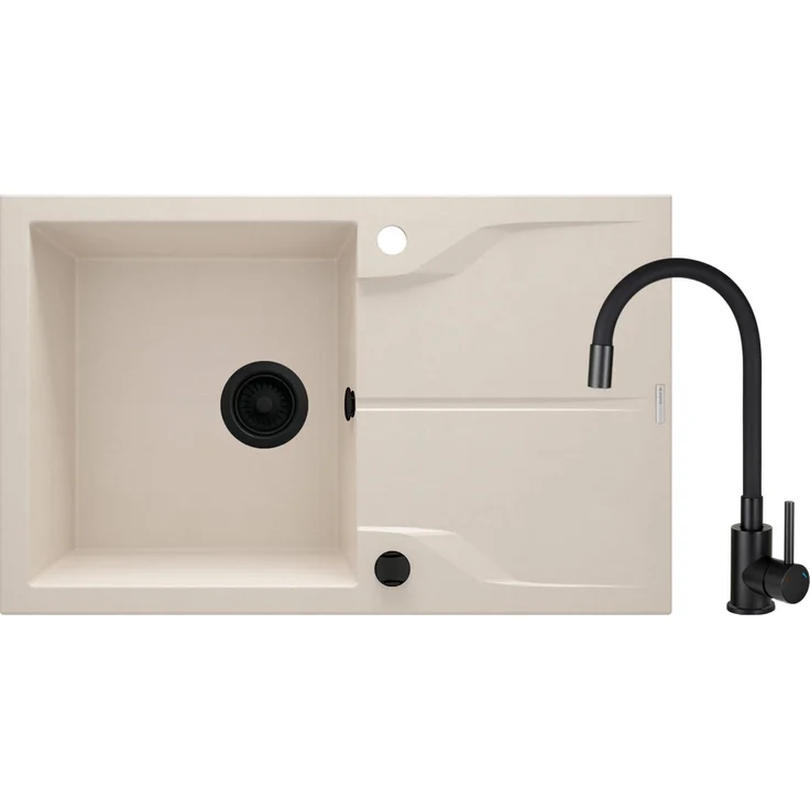 DEANTE Granitspüle 1-fach Beige mit Nero-Armatur und Abtropfbereich, zum Unterbau geeignet, flexibler Auslaufdüse, komplettes Set für die Küche
