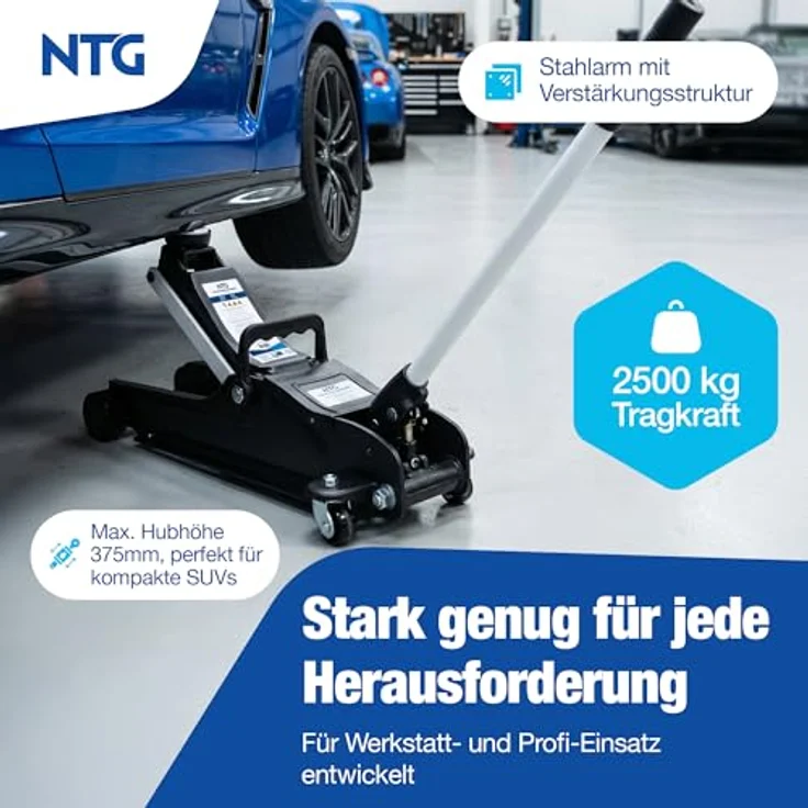 NTG Hydraulischer Wagenheber WGH.2513, 2,5T Traglast, Hubhöhe 85-375mm, TÜV-zertifiziert, flach für tiefe PKW – Bild 4
