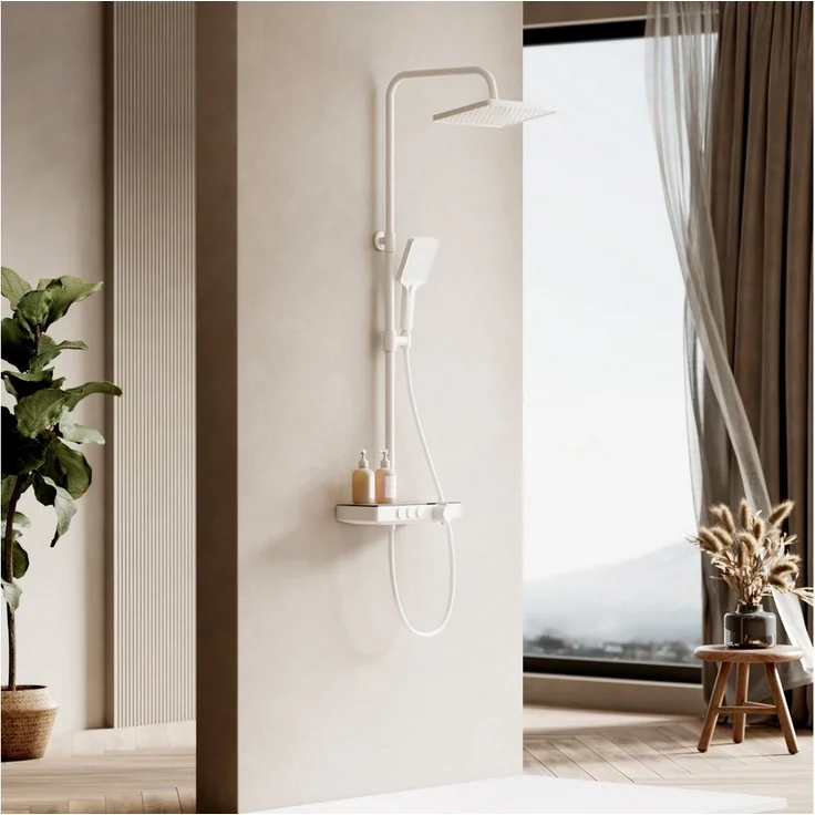EMKE Duschsystem Duschsystem mit Thermostat Glasablage, Handbrause, 3 Strahlart(en), 45cm Thermostatische Platte,Regendusche mit Armatur, KTW-zertifiziert, Edelstahl, chrom