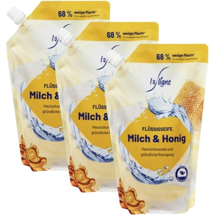 La Ligne Flüssigseife Nachfüllbeutel Milch und Honig, 3er Pack, 750 ml – Hautschonende Reinigung mit rückfettenden Substanzen – Bild 1
