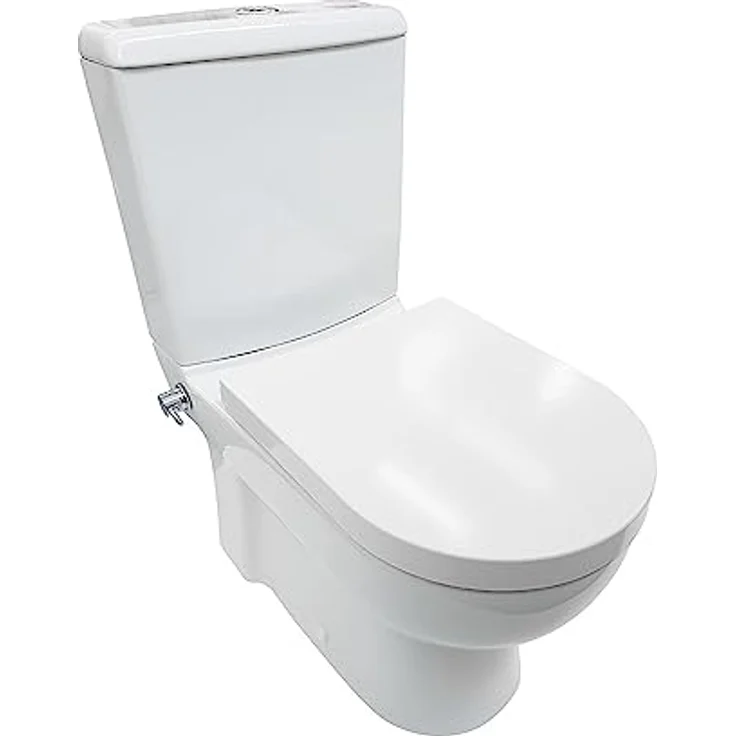 Belvit Stand-WC Dusch/Taharet Kombination, Komplett-Set mit Spülkasten, Softclose-Deckel, integrierte Mischarmatur, wahlweise Wand- oder Bodenabgang, leiser Spülvorgang, Weiß – Bild 2