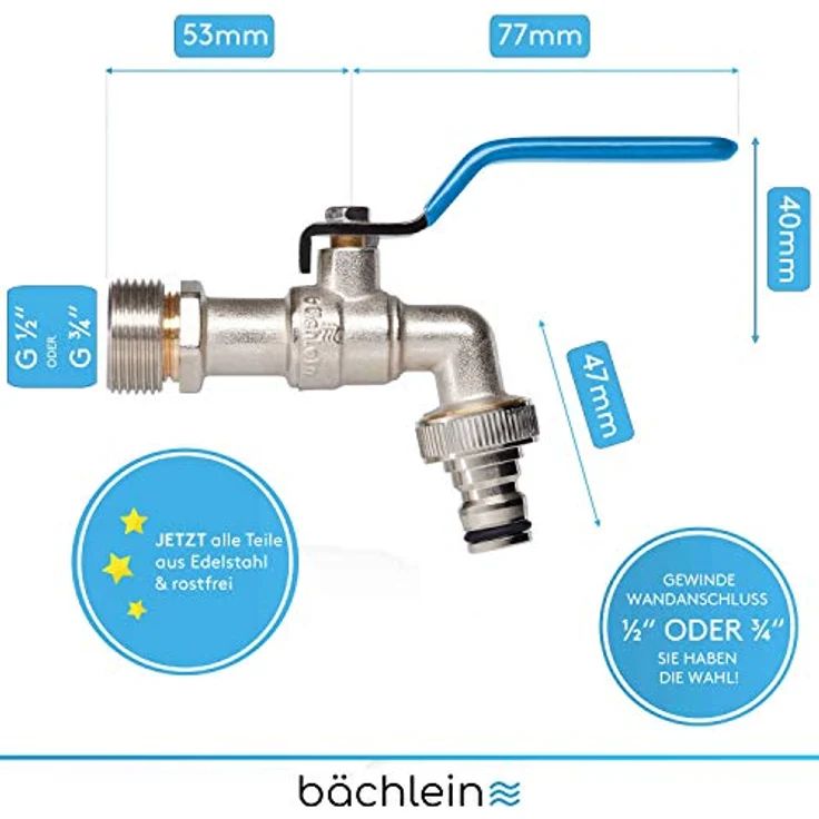 Bächlein Universal Wasserhahn für den Garten [blau] inkl. 2 Schlauchanschlüssen - edler Kugelhahn mit 1/2 und 3/4 Zoll Anschluss, Auslaufhahn aussen – Bild 4