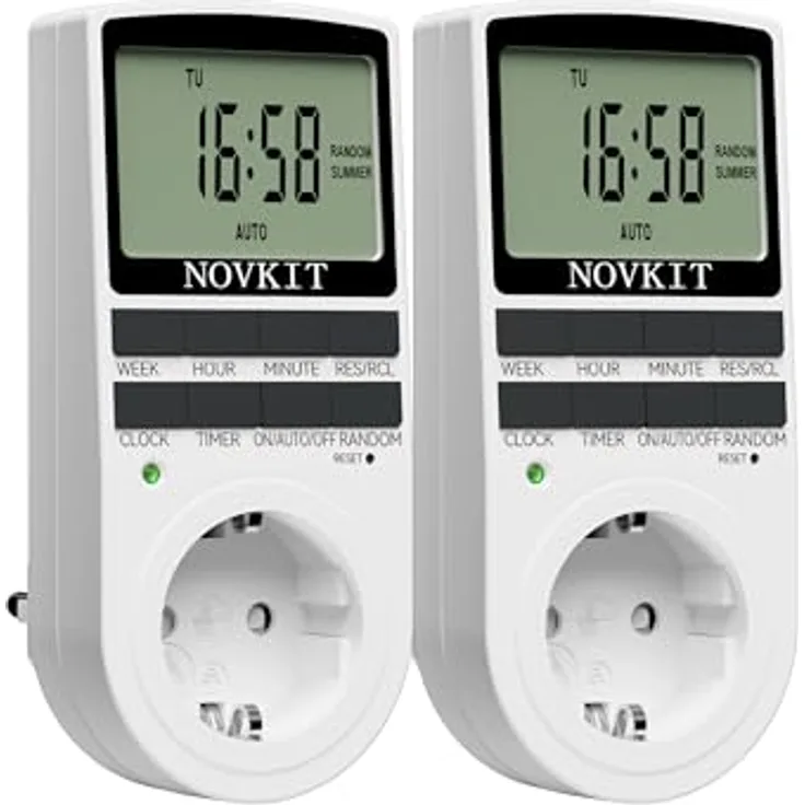 NOVKIT 2x digitale Zeitschaltuhr Steckdose mit 10 programmierbaren Schaltprogrammen und Zufallsfunktion für Innen (230V / 16A / 3680W)