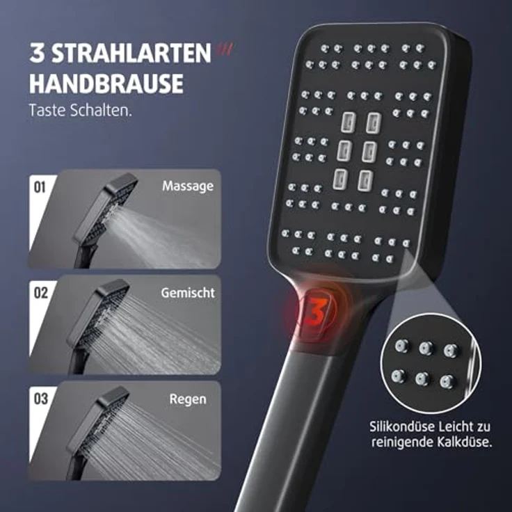 Rainsworth Duschsystem 3 Funktionen, Höhe 126 cm, Set mit Kopfbrause 20x20 cm, Chrom – Bild 4