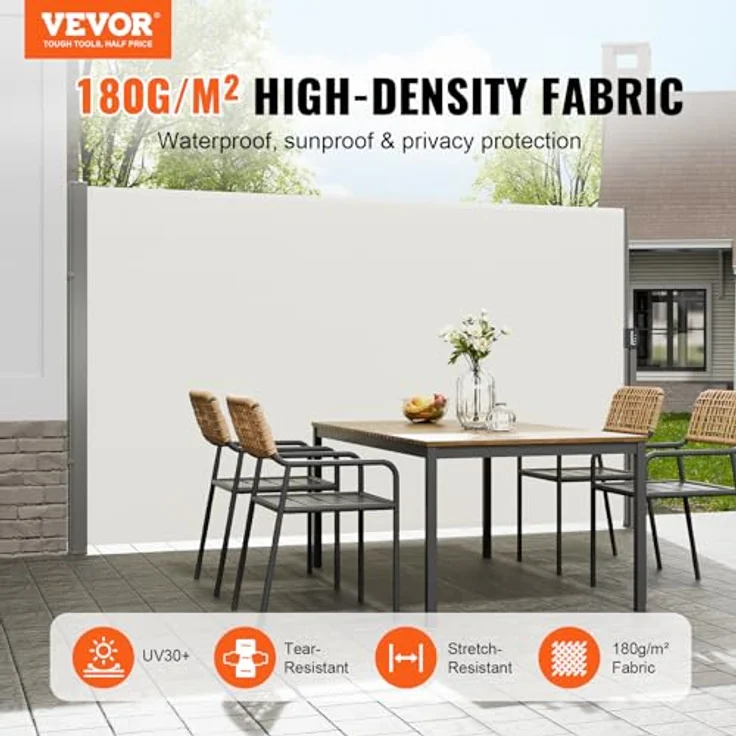 VEVOR Seitenmarkise 180 x 350 cm Beige aus Polyestergewebe mit PU-Beschichtung und einziehbarem Griff – Bild 2