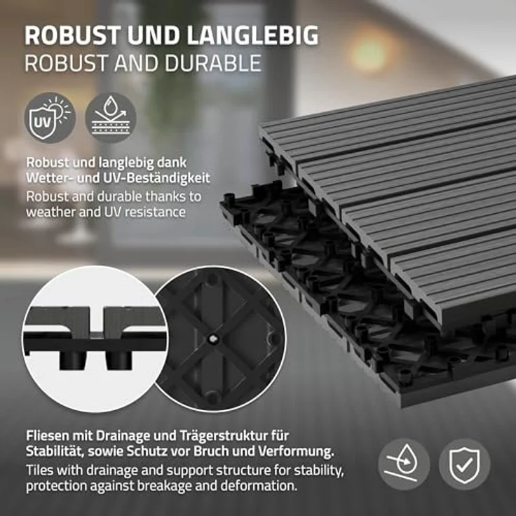 ECD Germany WPC Terrassenfliesen 60x30 cm 12er Spar Set für 2m² Anthrazit in Holzoptik für Garten Balkon Bodenbelag mit Drainage und Klicksystem Terrassendielen Balkonfliesen Klickfliesen Holzfliesen – Bild 4