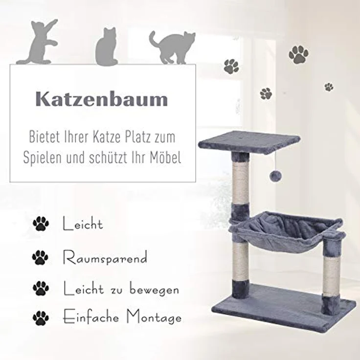 PawHut Kletterbaum Katzenbaum Kratzbaum mit Sisalsäule Plüsch-Hängematte Spanplatte Grau 50 x 36 x 70 cm – Bild 4